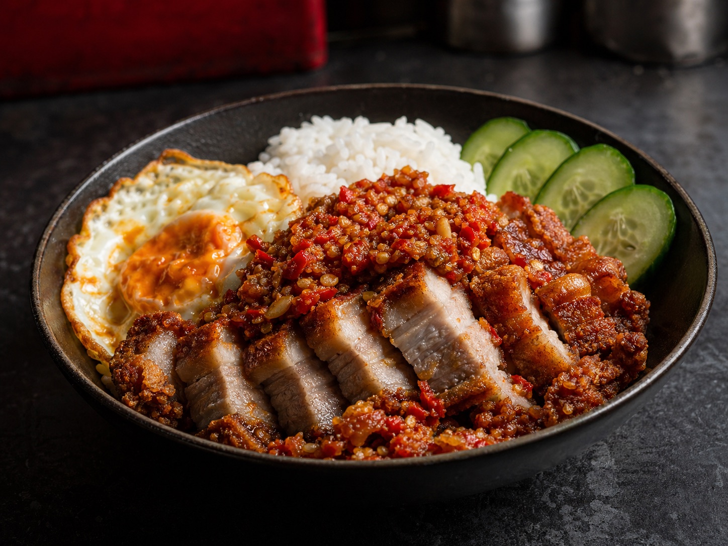 Realistic crispy pork geprek rice bowl with sambal, egg, rice, and cucumber