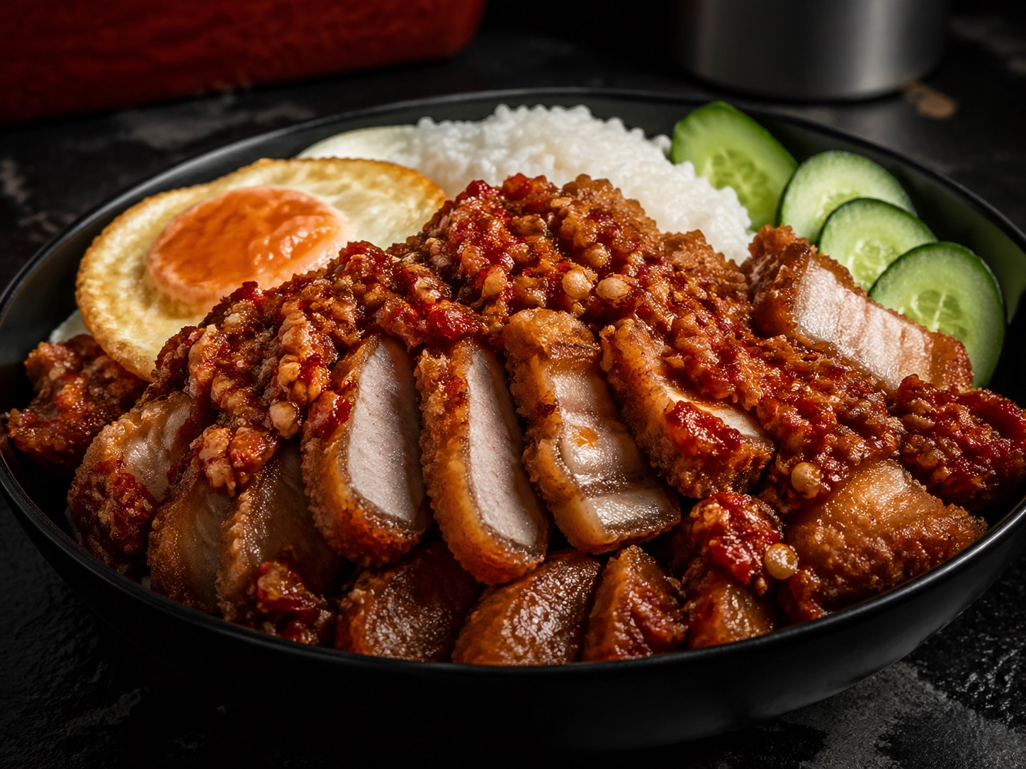 Double Pork Geprek Rice with extra crispy pork and sambal