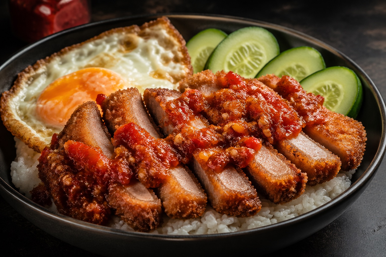 Pork Cutlet Geprek Rice with crispy cutlet and sambal