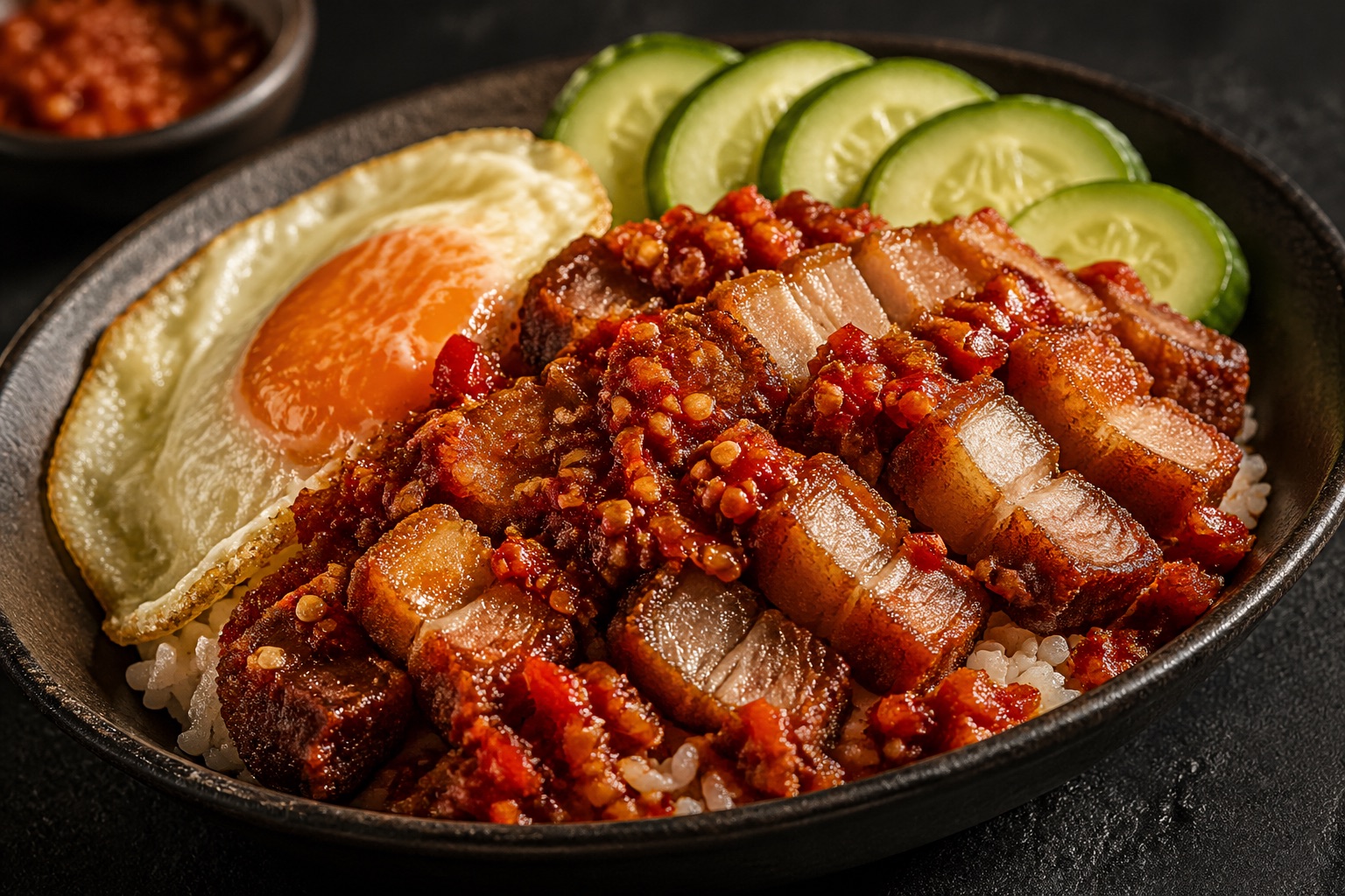 Pork Geprek Rice with crispy pork belly, sambal, rice, egg, and cucumber