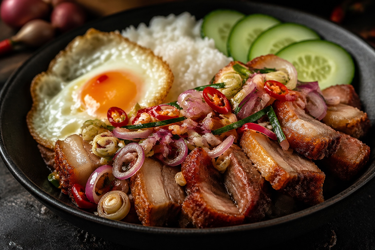 Sambal Matah Pork Belly Rice with crispy pork belly and fresh sambal matah